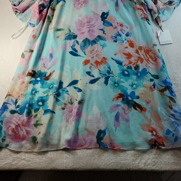 Calvin Klein Women's Multicolored Teal Floral Tiered Sleeve Dress Size 16W NWT - Picture 4 of 11